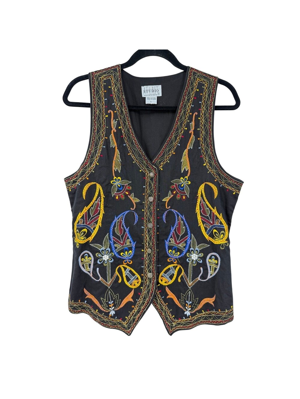 Vintage Atlas Studio Womens Bohemian Vest Size L Black Embroidered Boho Festival